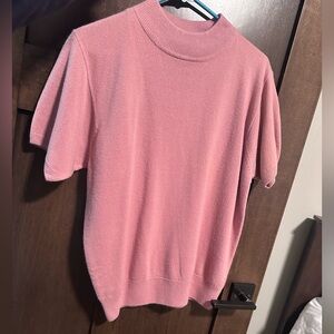 Dusty Rose Short Sleeve Sweater Top with Ribbed Collar and Hem - Size Med Petite